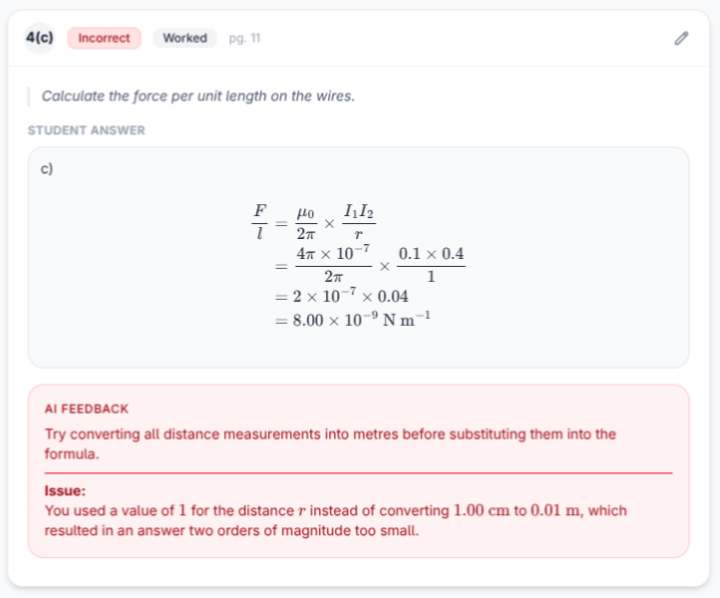 A worked physics answer marked with criterion feedback and unit conversion
