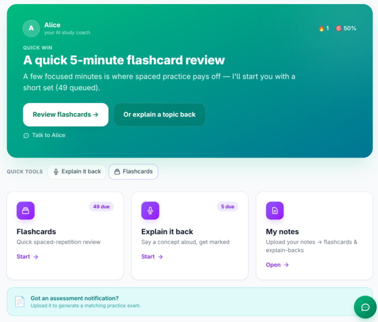 The Intu AI study dashboard with flashcards, explain-back and notes